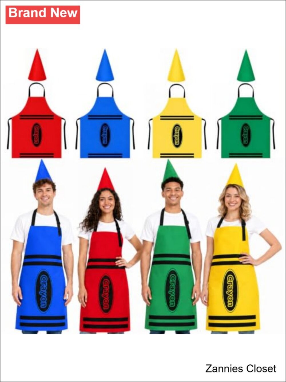 👻 8 Pc Crayon Costume Set Aprons & Cone Hats Group Halloween Party Dress Up